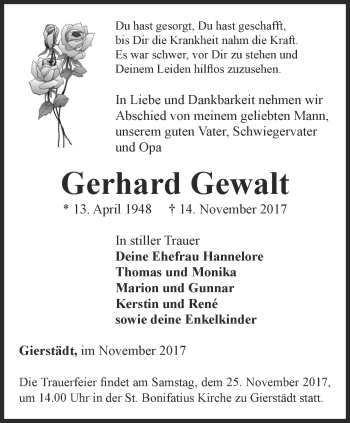 Traueranzeige von Gerhard Gewalt von Thüringer Allgemeine, Thüringische Landeszeitung