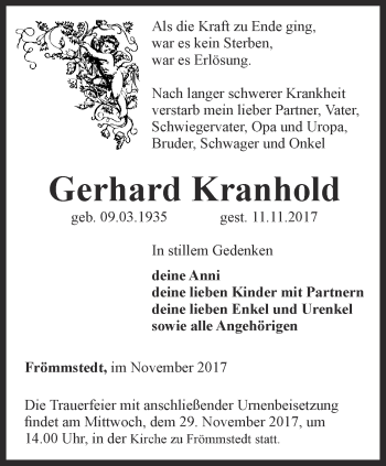 Traueranzeige von Gerhard Kranhold von Thüringer Allgemeine