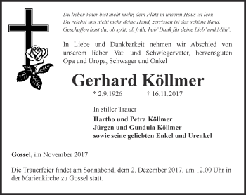 Traueranzeige von Gerhard Köllmer von Thüringer Allgemeine