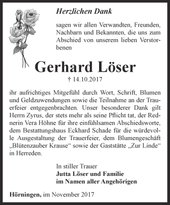 Traueranzeige von Gerhard Löser von Thüringer Allgemeine