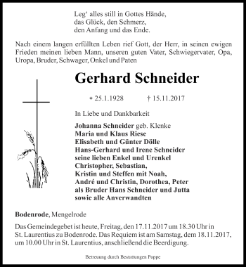 Traueranzeige von Gerhard Schneider von Thüringer Allgemeine