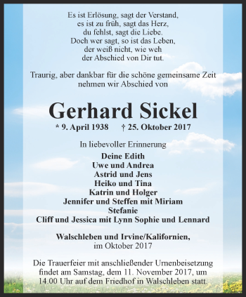 Traueranzeige von Gerhard Sickel von Thüringer Allgemeine, Thüringische Landeszeitung