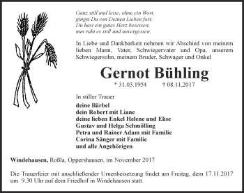 Traueranzeige von Gernot Bühling von Thüringer Allgemeine