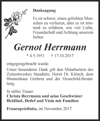 Traueranzeige von Gernot Herrmann von Ostthüringer Zeitung, Thüringische Landeszeitung