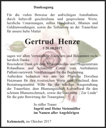 Traueranzeige von Gertrud Henze von Thüringer Allgemeine