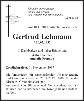 Traueranzeige von Gertrud Lehmann von Ostthüringer Zeitung