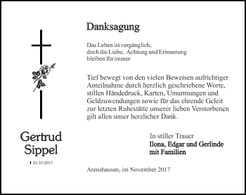 Traueranzeige von Gertrud Sippel von Thüringer Allgemeine