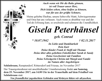 Traueranzeige von Gisela Peterhänsel von Ostthüringer Zeitung