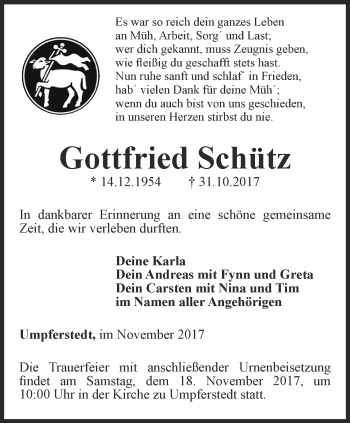 Traueranzeige von Gottfried Schütz von Thüringer Allgemeine, Thüringische Landeszeitung