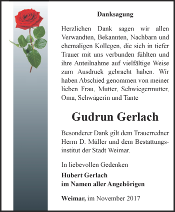 Traueranzeige von Gudrun Gerlach von Thüringer Allgemeine, Thüringische Landeszeitung