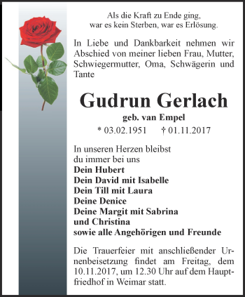 Traueranzeige von Gudrun Gerlach von Thüringer Allgemeine, Thüringische Landeszeitung