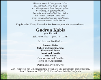 Traueranzeige von Gudrun Kabis von Ostthüringer Zeitung