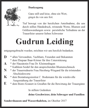 Traueranzeige von Gudrun Leiding von Thüringer Allgemeine