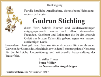 Traueranzeige von Gudrun Stichling von Thüringer Allgemeine, Thüringische Landeszeitung