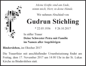 Traueranzeige von Gudrun Stichling von Thüringer Allgemeine, Thüringische Landeszeitung