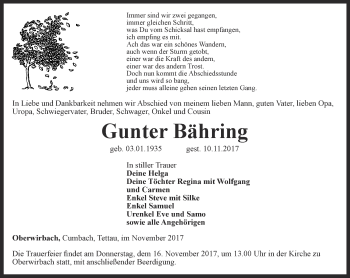 Traueranzeige von Gunter Bähring von Ostthüringer Zeitung