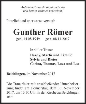 Traueranzeige von Gunther Römer von Thüringer Allgemeine