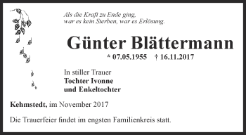 Traueranzeige von Günter Blättermann von Thüringer Allgemeine