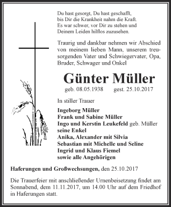 Traueranzeige von Günter Müller von Thüringer Allgemeine