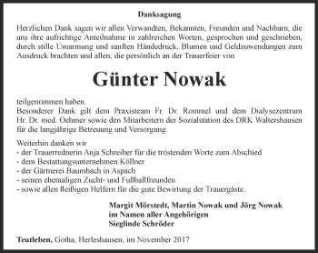 Traueranzeige von Günter Nowak von Ostthüringer Zeitung, Thüringische Landeszeitung