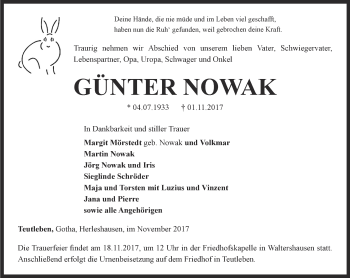 Traueranzeige von Günter Nowak von Ostthüringer Zeitung, Thüringische Landeszeitung