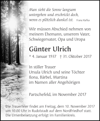 Traueranzeige von Günter Ulrich von Ostthüringer Zeitung