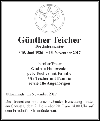 Traueranzeige von Günther Teicher von Ostthüringer Zeitung, Thüringische Landeszeitung