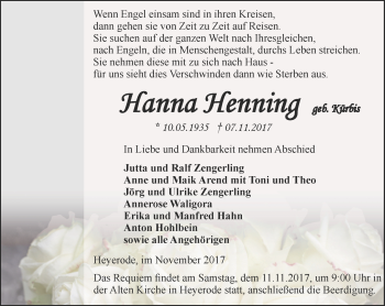 Traueranzeige von Hanna Henning von Thüringer Allgemeine, Thüringische Landeszeitung