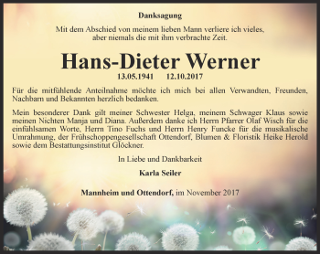 Traueranzeige von Hans-Dieter Werner von Ostthüringer Zeitung