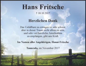 Traueranzeige von Hans Fritsche von Thüringer Allgemeine, Thüringische Landeszeitung