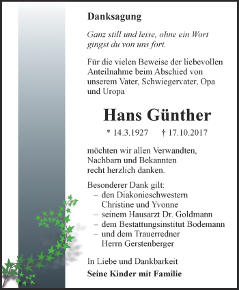 Traueranzeige von Hans Günther von Thüringer Allgemeine