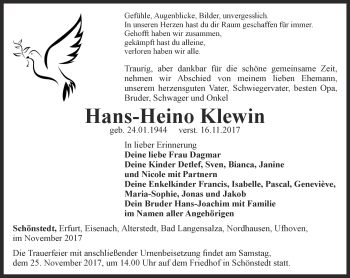 Traueranzeige von Hans-Heino Klewin von Thüringer Allgemeine, Thüringische Landeszeitung