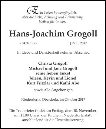 Traueranzeige von Hans-Joachim Grogoll von Thüringer Allgemeine, Thüringische Landeszeitung