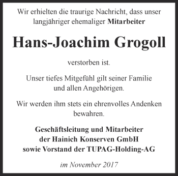 Traueranzeige von Hans-Joachim Grogoll von Thüringer Allgemeine, Thüringische Landeszeitung