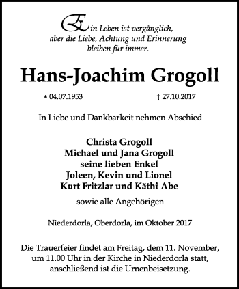 Traueranzeige von Hans-Joachim Grogoll von Thüringer Allgemeine, Thüringische Landeszeitung