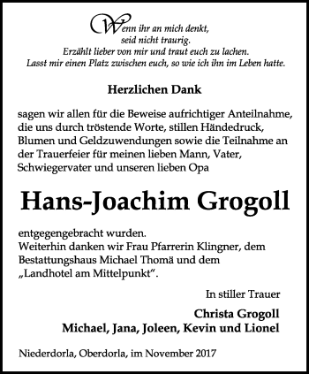 Traueranzeige von Hans-Joachim Grogoll von Thüringer Allgemeine, Thüringische Landeszeitung