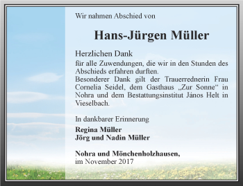 Traueranzeige von Hans-Jürgen Müller von Thüringer Allgemeine, Thüringische Landeszeitung