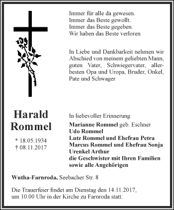 Traueranzeige von Harald Rommel von Thüringer Allgemeine, Thüringische Landeszeitung