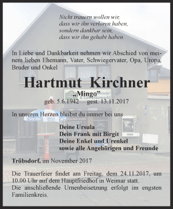 Traueranzeige von Hartmut Kirchner von Thüringer Allgemeine, Thüringische Landeszeitung