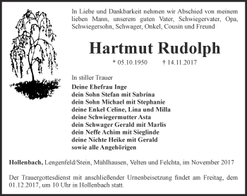 Traueranzeige von Hartmut Rudolph von Thüringer Allgemeine, Thüringische Landeszeitung