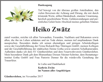 Traueranzeige von Heiko Zwätz von Ostthüringer Zeitung, Thüringische Landeszeitung