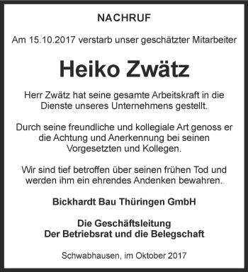 Traueranzeige von Heiko Zwätz von Ostthüringer Zeitung, Thüringische Landeszeitung