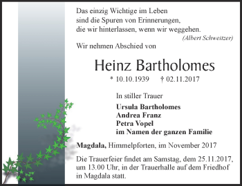Traueranzeige von Heinz Bartholomes von Thüringer Allgemeine, Thüringische Landeszeitung