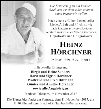 Traueranzeige von Heinz Hörchner von Ostthüringer Zeitung, Thüringische Landeszeitung