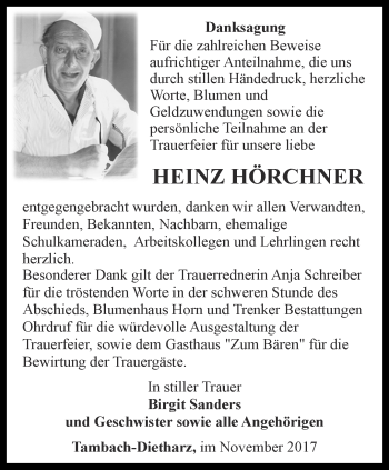 Traueranzeige von Heinz Hörchner von Ostthüringer Zeitung, Thüringische Landeszeitung