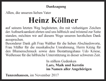 Traueranzeige von Heinz Köllner von Thüringer Allgemeine