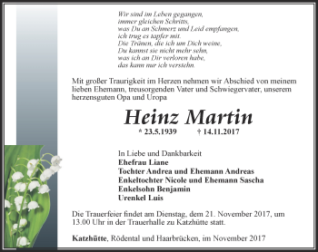 Traueranzeige von Heinz Martin von Ostthüringer Zeitung