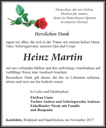 Traueranzeige von Heinz Martin von Ostthüringer Zeitung