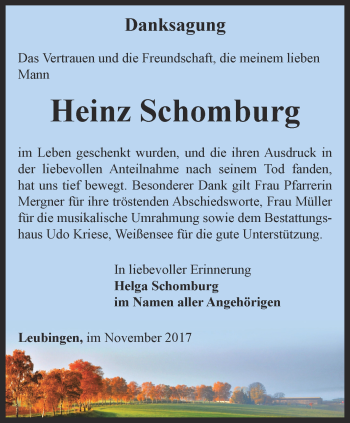 Traueranzeige von Heinz Schomburg von Thüringer Allgemeine