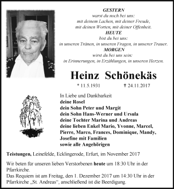 Traueranzeige von Heinz Schönekäs von Thüringer Allgemeine